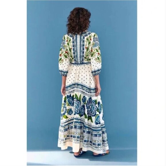 Farm Rio Off White Macaw Flight Maxi Dress L Boho Linen Blend Tiered Summer - Picture 13 of 14
